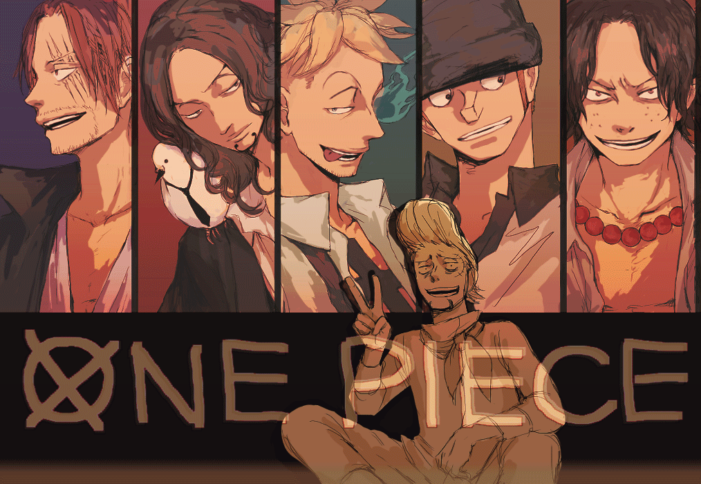 beads, beard, bird, black_hair, black_jacket, blonde_hair, blue_fire, brown_hair, facial_hair, fire, freckles, goatee, grin, ha_(pixiv57253), hat, hattori_(one_piece), jewelry, kaku_(one_piece), long_hair, male, marco, multiple_boys, necklace, necktie, one_piece, open_clothes, open_shirt, pet, pigeon, pompadour, portgas_d_ace, red_hair, redhead, rob_lucci, scar, shanks, shirt, short_hair, smile, tattoo, text, thatch, tongue, v, white_shirt