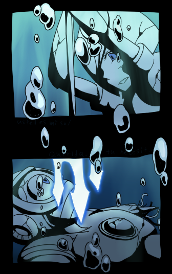 1girl, android, blue, bubble, bubble_man, bubbleman, eye_contact, girl_on_top, helmet, looking_at_another, monochrome, nekoichi, polearm, robot, rockman, rockman_(classic), splash_woman, trident, underwater, weapon