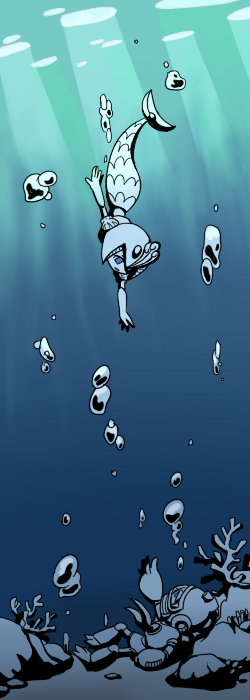 1girl, android, blue, bubble, bubble_man, bubbleman, coral, helmet, long_image, mermaid, monochrome, monster_girl, nekoichi, outstretched_hand, robot, rockman, rockman_(classic), splash_woman, tall_image, underwater