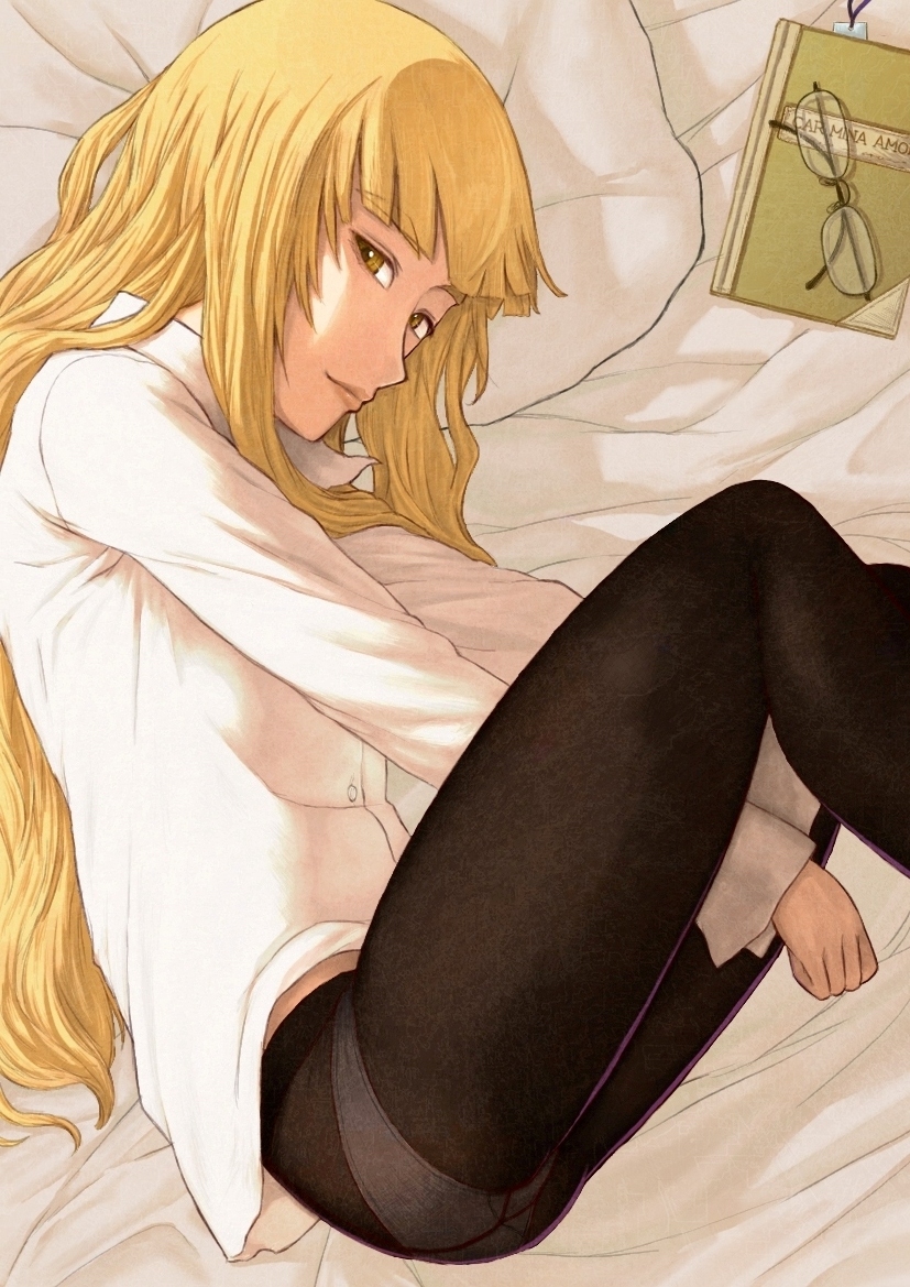 bed, bed_sheet, between_thighs, blonde_hair, book, bookmark, glasses, glasses_removed