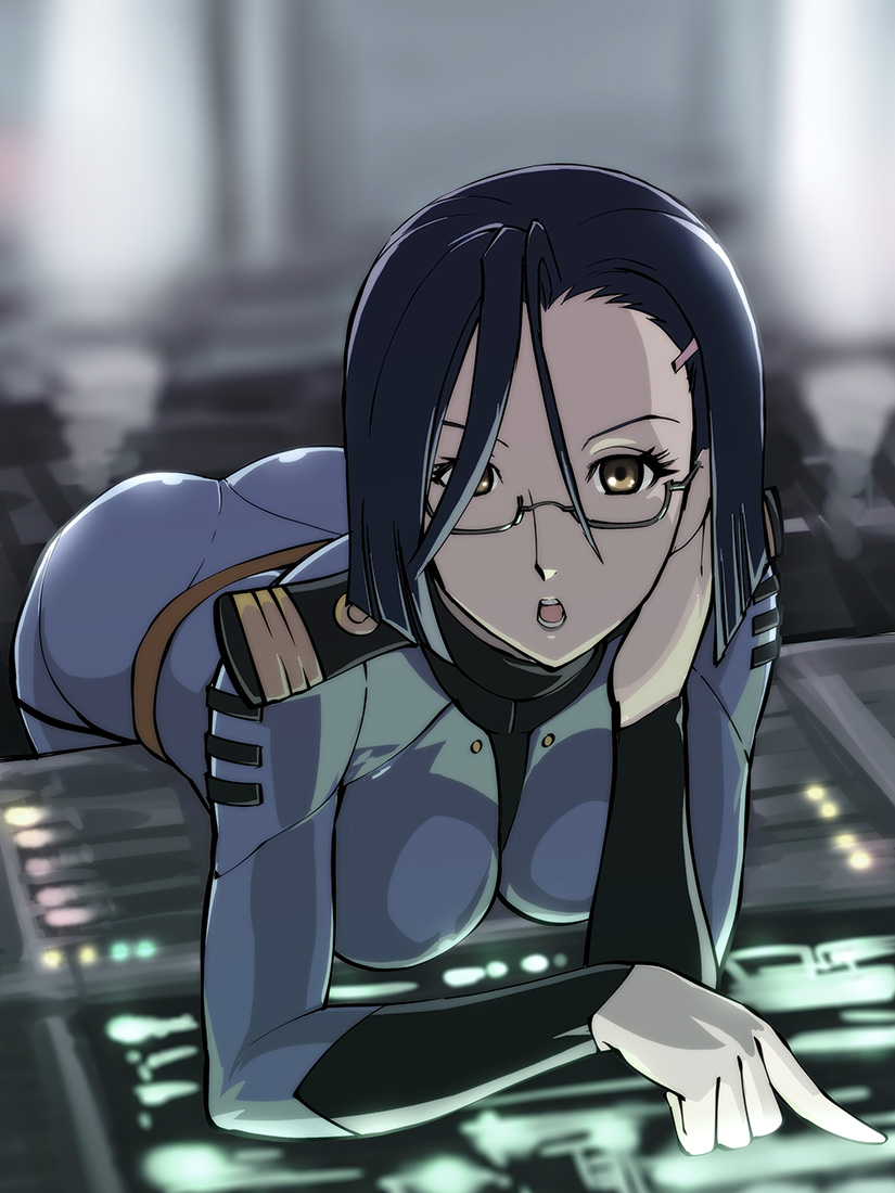 bent_over, black_hair, bodysuit, brown_eyes, console, glasses, leaning_forward, military