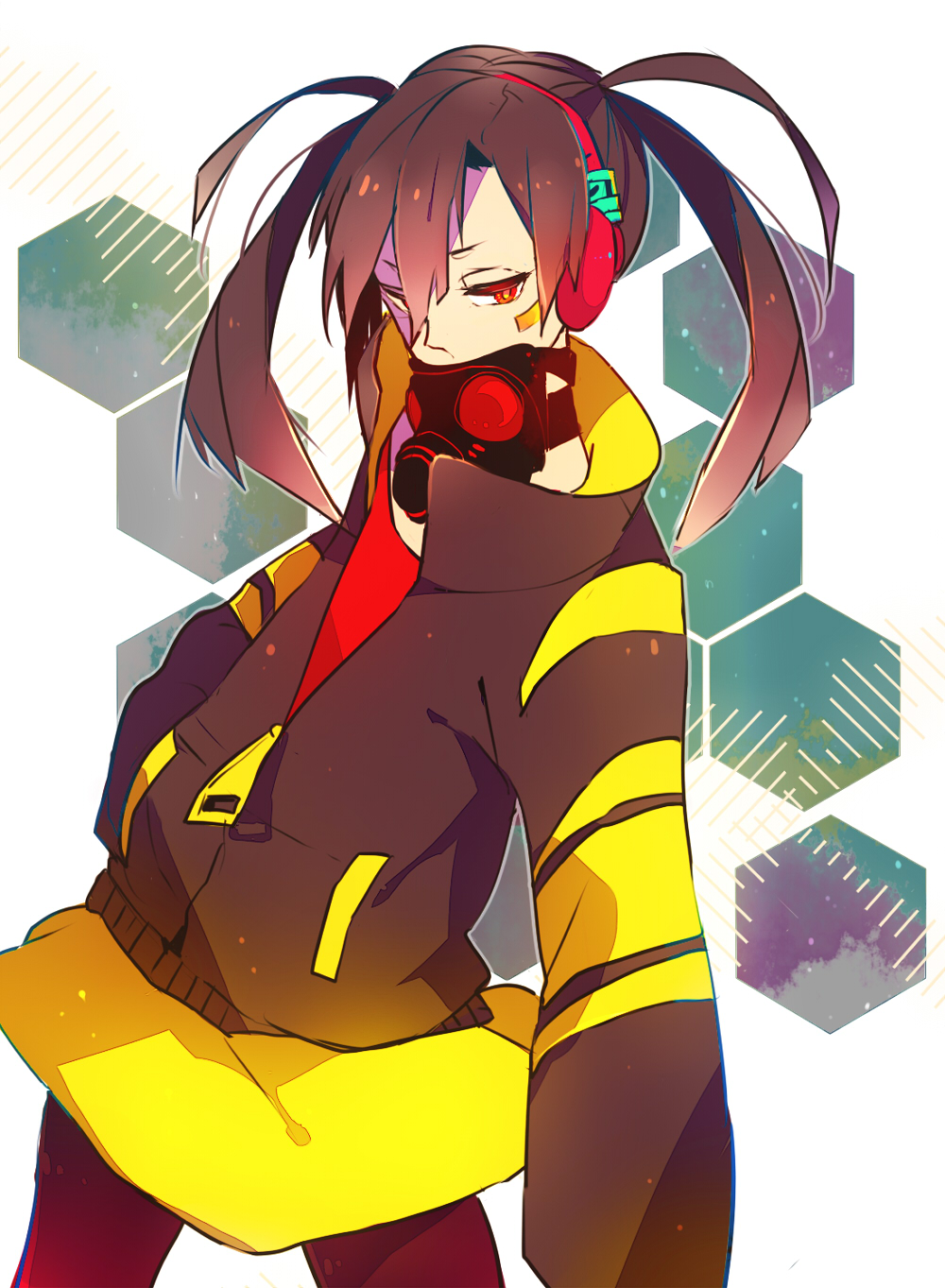 black_hair, ene_(kagerou_project), gas_mask, headphone_actor_(vocaloid), highres, ichimiya, jacket, long_hair