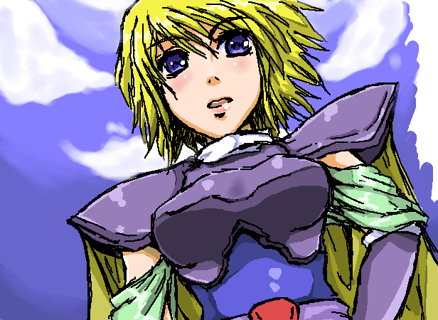 armor, blonde_hair, blue_eyes, cape, faye, female, final_fantasy, final_fantasy_mystic_quest