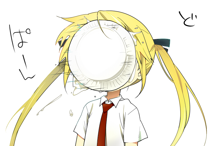 blonde_hair, in_the_face, kill_me_baby, momomo, necktie, pie_in_face, ribbon, solo