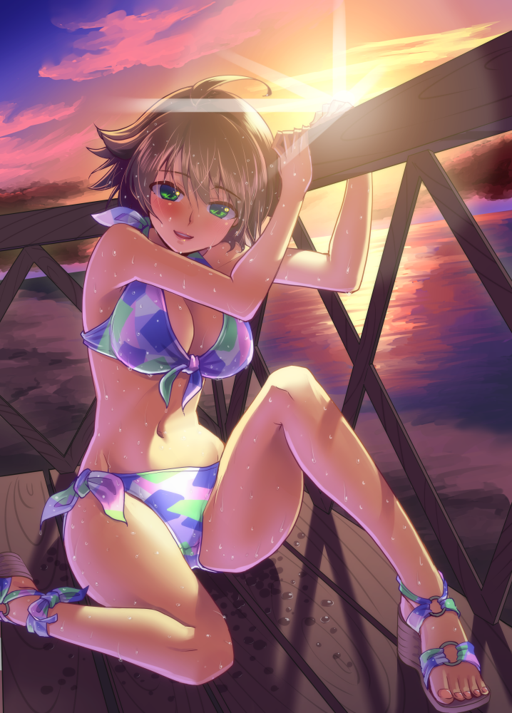 ahoge, ankle_ribbon, anklet, awakened_miki, beach, bikini, blonde_hair, blush