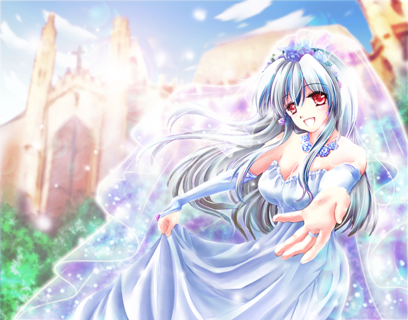 alternate_costume, bare_shoulders, blue_hair, blush, breasts, bridal_gauntlets, bridal_veil, bride