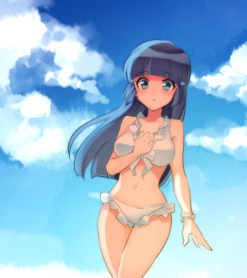 :o, aoki_reika, bikini, blue_background, blue_eyes, blue_hair, blush, bracelet, cloud, frilled_bikini, frills, front-tie_top, jewelry, long_hair, midriff, navel, precure, sky, smile_precure!, solo, swimsuit, white_bikini, zagu_(grape_garden)