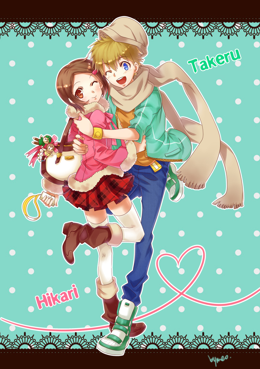 1boy, 1girl, appleruby, bag, blonde_hair, blue_eyes, boots, brown_eyes