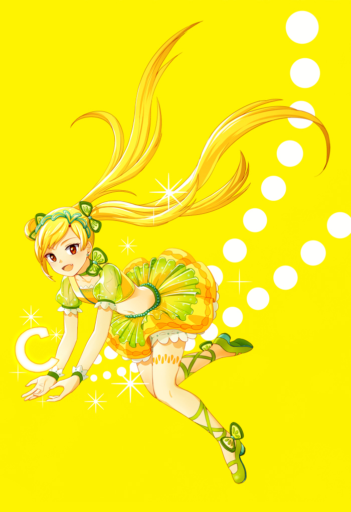 azure090, blonde_hair, c.c._lemon, c.c._lemon_(character), choker, fang, long_hair, midriff, navel, open_mouth, original, red_eyes, skirt, solo, twintails, yellow_background
