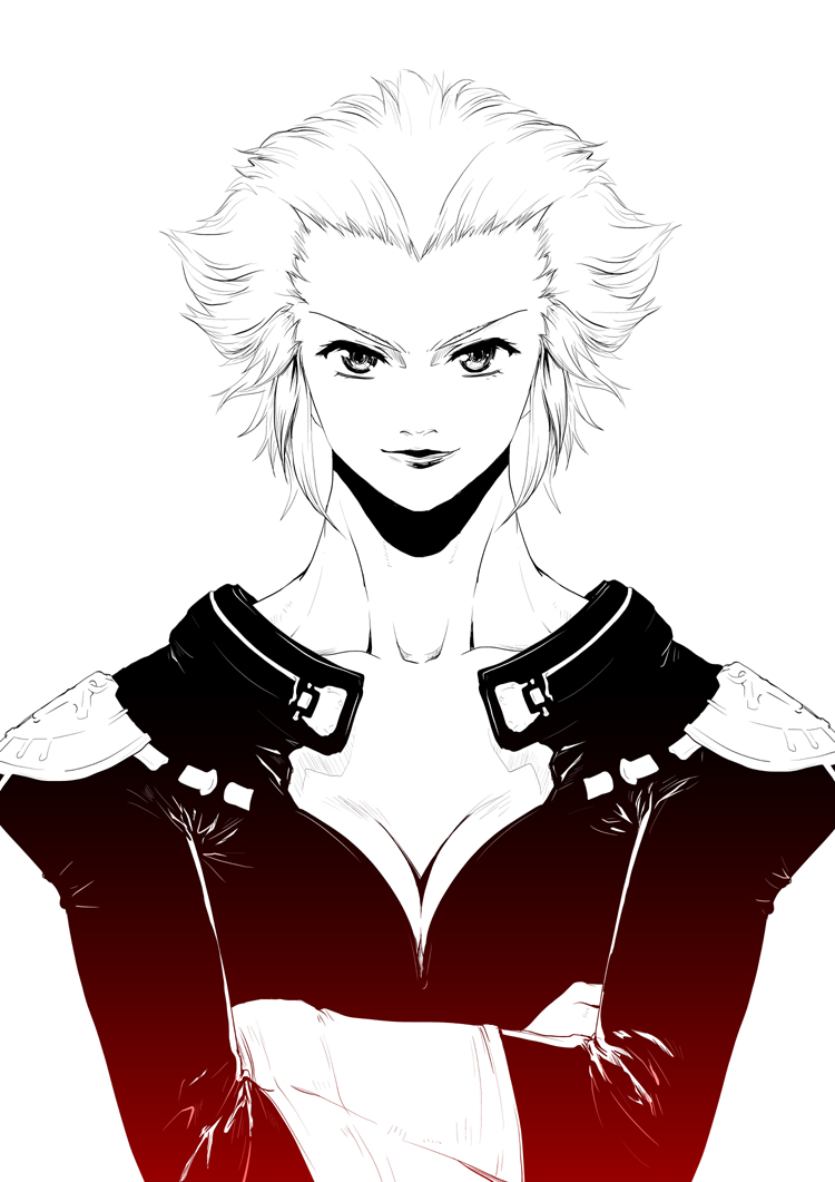 breasts, bust, cleavage, crossed_arms, final_fantasy, final_fantasy_xiv, litryquis, merlwyb_bloefhiswyn, monochrome, short_hair