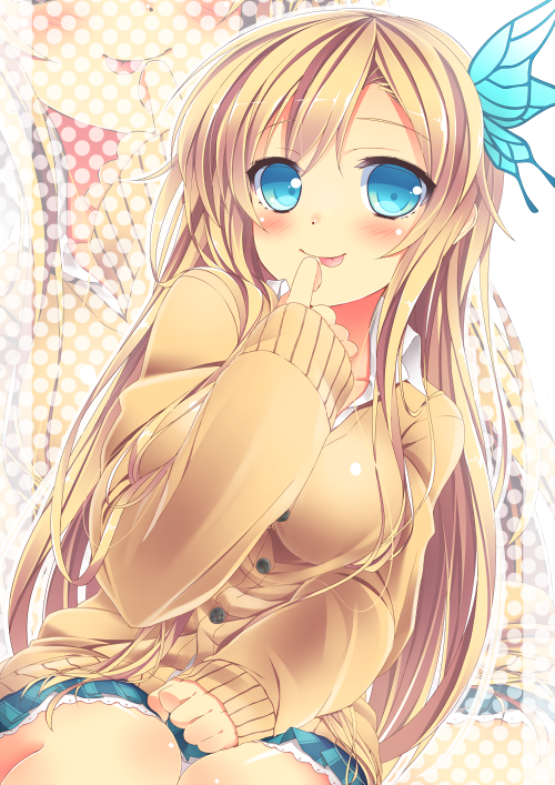 :p, blonde_hair, blue_eyes, blush, boku_wa_tomodachi_ga_sukunai, butterfly_hair_ornament, cardigan, hair_ornament, kashiwazaki_sena, long_hair, shoken_narai, skirt, solo, sweater, tongue, zoom_layer