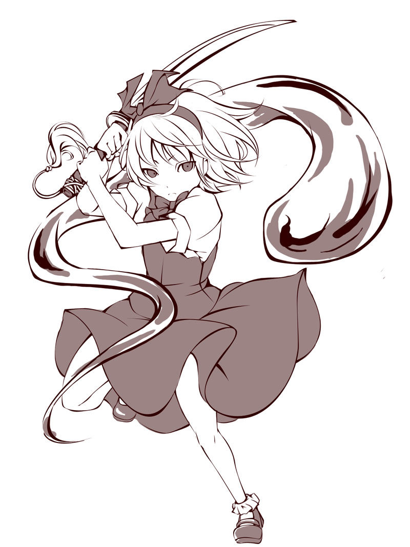 bobby_socks, bowtie, fighting_stance, hairband, konpaku_youmu, konpaku_youmu_(ghost), mary_janes, monochrome
