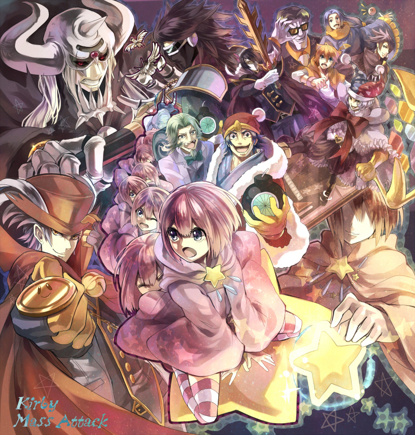 absurdres, adjusting_glasses, angel, animal_ears, beard, bell, belt, black_hair, black_sclera, blazer, blue_eyes, blue_hair, bomb, book, boots, bowtie, cape, capelet, chain, chains, clenched_hand, coin, coo_(kirby), customer_service, dark_matter, dark_matter_(samurai), dorocche, dress_shirt, dual_persona, earrings, escargon, everyone, eyes, faceless, facial_hair, fingerless_gloves, flying, formal, galaxia_(sword), glasses, gloves, green_eyes, green_hair, hainegom, halo, hat, heart, helmet, highres, hoodie, horns, janis_(hainegom), jester, jewelry, kine_(kirby), king_dedede, kirby, kirby_(series), kirby_mass_attack, kirby_squeak_squad, long_hair, marx, mask, medal, meta_knight, mouse_ears, necklace, necktie, necrodeus, open_mouth, orange_hair, pants, pauldrons, pendant, personification, pink_hair, purple_hair, red, red_eyes, rick_(kirby), shirt, sitting, socks, staff, star, star-shaped_pupils, star_(sky), striped, striped_socks, suit, sweatdrop, sword, symbol-shaped_pupils, time_bomb, title_drop, top_hat, visor, warp_star, weapon, white_hair, wings, yellow_eyes