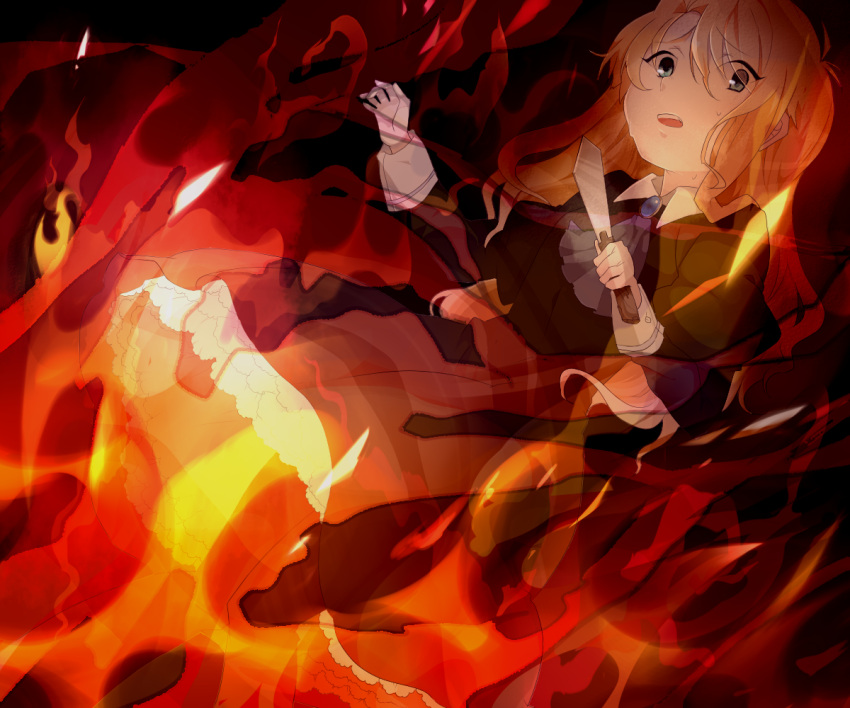 agiuma123, blonde_hair, blue_eyes, dress, fire, ib, knife, long_hair, mary_(ib), palette_knife, solo, spoilers, sweat