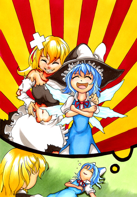 bad_id, blonde_hair, blue_hair, cirno, kirisame_marisa, marker_(medium), multiple_girls, nib_pen_(medium)