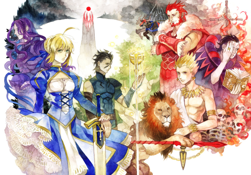 5boys, armor, berserker_(fate/zero), book, breadmonster, bull, burning_at_the_stake, caster_(fate/zero)