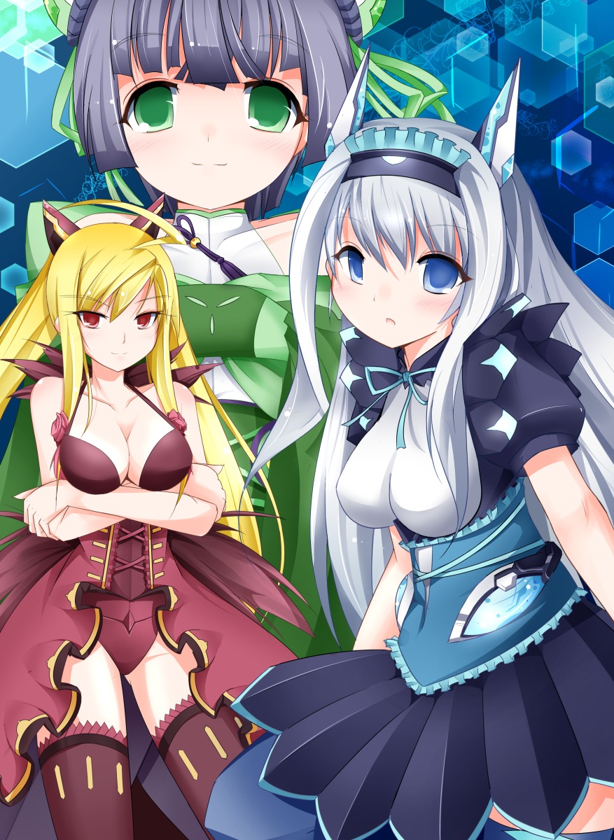 black_dress, blonde_hair, blue_background, blue_eyes, blue_hair, breasts, cave_(developer), corset