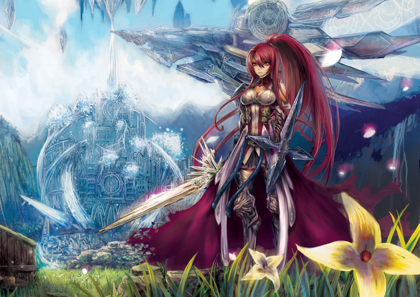airship, armor, breasts, cleavage, flower, khanshin, long_hair, original, ponytail, red_eyes, red_hair, redhead, sword, very_long_hair, weapon