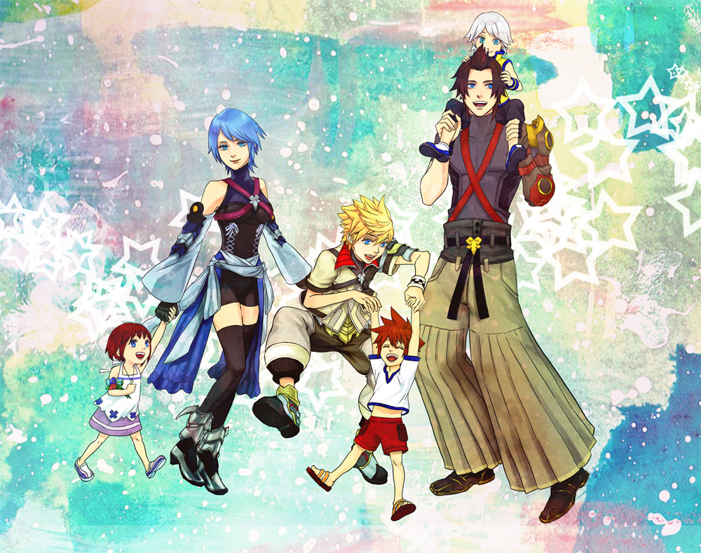 4boys, aqua_(kingdom_hearts), bare_shoulders, belt, black_legwear, blonde_hair, blue_eyes, blue_hair