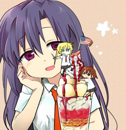bad_id, blonde_hair, brown_eyes, brown_hair, goshiki_agiri, kill_me_baby, long_hair, momomo, multiple_girls, necktie, open_mouth, oribe_yasuna, purple_eyes, purple_hair, school_uniform, short_hair, skirt, sonya_(kill_me_baby), twintails, violet_eyes