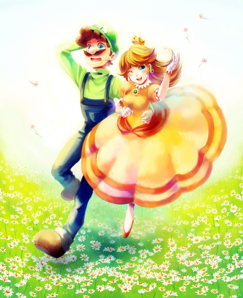 arm_around_waist, blue_eyes, brown_hair, couple, crown, dress, earrings, facial_hair, flats, flower, flower_field, gloves, hat, jewelry, ken_a_jian, long_hair, luigi, mustache, open_mouth, overalls, pocket, princess_daisy, pumps, shoes, smile, super_mario_bros., sweatdrop, wink