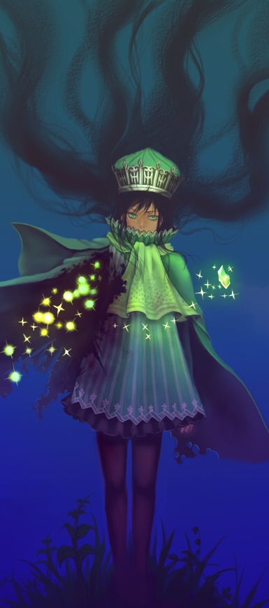 black_hair, blood, cape, cloak, crystal, floating_hair, green_eyes, hat