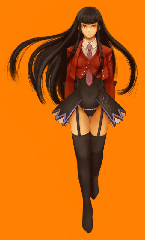 bangs, black_hair, black_legwear, blazer, blunt_bangs, garter_straps, kito0889, long_hair