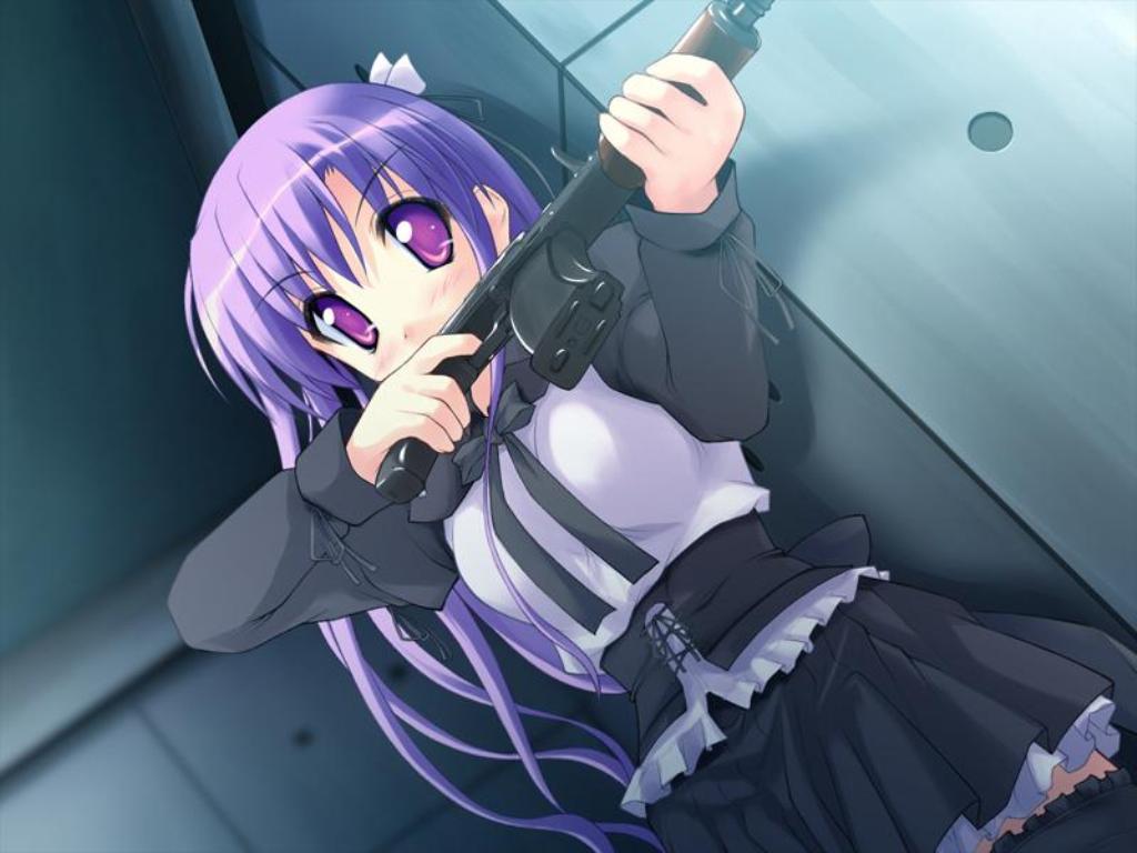 game_cg, gun, kidou_nagisa, lolita_fashion, purple_hair, secret_game, violet_eyes, weapon
