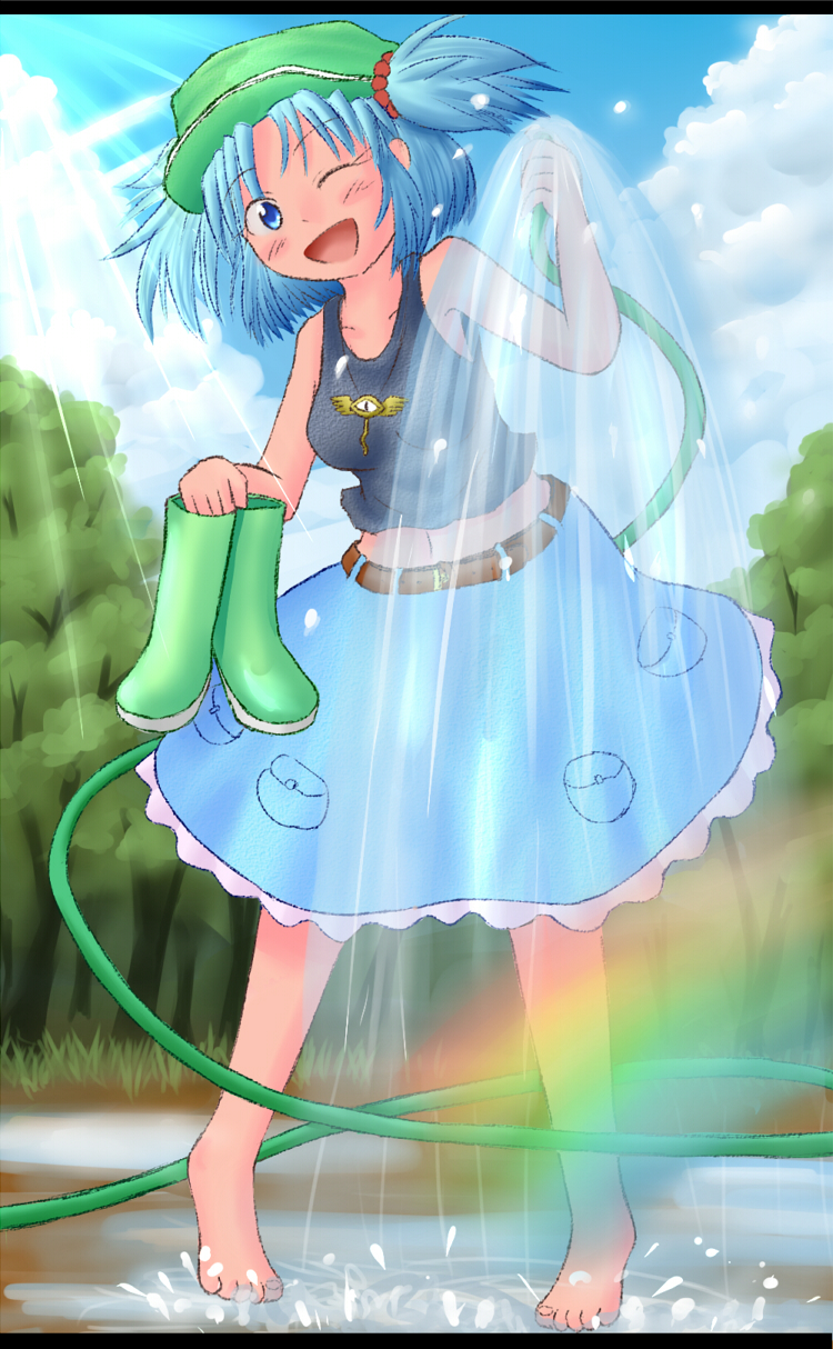barefoot, blue_eyes, blue_hair, blush, boots, hair_ornament, hat, highres, hose, kappa, kawashiro_nitori, looking_at_viewer, navel, open_mouth, pekin, puddle, rubber_boots, short_hair, skirt, sky, smile, solo, touhou, tree, twintails, water, wet, wink