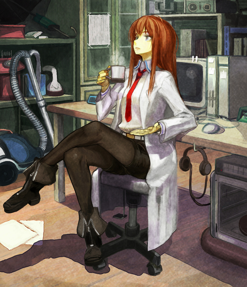 bad_id, brown_hair, computer, crossed_legs, cup, doctor, eating, highres, labcoat, makise_kurisu, mug, necktie, pantyhose, red_hair, ri-man, ryman, sitting, steins;gate, x68000