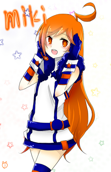 ahoge, bad_id, belt, dress, earmuffs, gloves, hands_on_earmuffs, hands_on_headphones, headphones, headset, kumajirou, long_hair, miki_(vocaloid), open_mouth, orange_eyes, orange_hair, sf-a2_miki, smile, star, striped, vocaloid