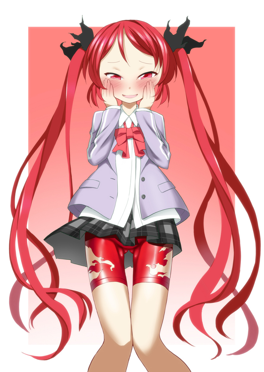 ahiruaoba, bike_shorts, blush, cthugha_(nyaruko-san), haiyore!_nyaruko-san, hands_on_own_cheeks, hands_on_own_face, highres
