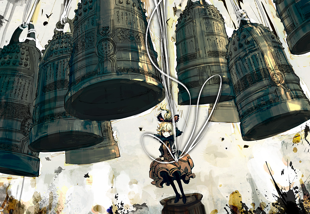 1girl, bell, bell_ringing, blonde_hair, bow, brown_eyes, church_bell, closed_mouth