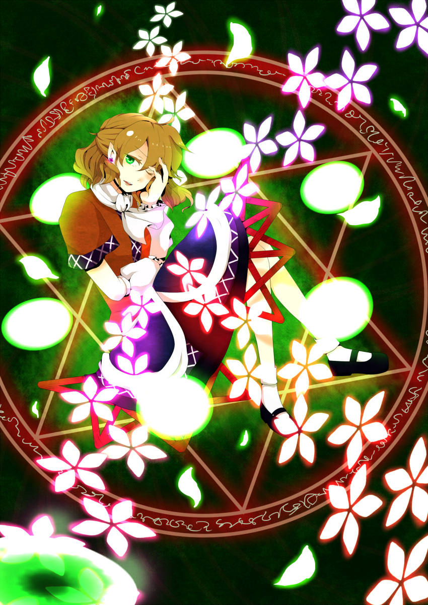 absurdres, arm_warmers, blonde_hair, danmaku, earrings, flower, green_eyes, hand_in_hair