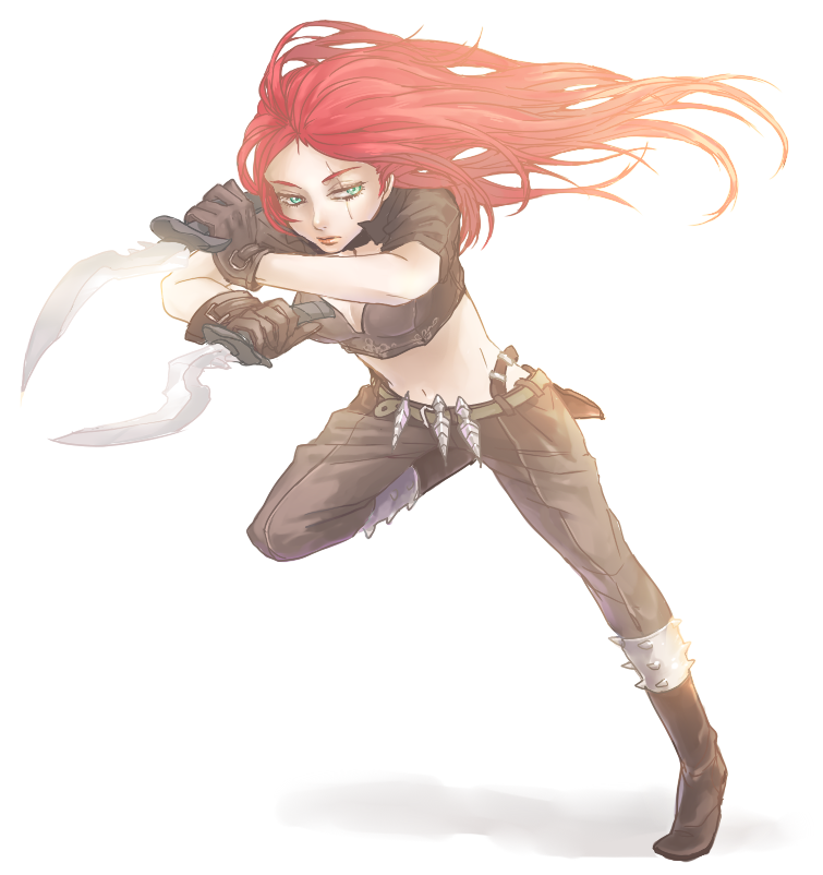 dual_wielding, gloves, green_eyes, katarina_du_couteau, knife, league_of_legends, long_hair, midriff, moris, navel, red_hair, redhead, scar, solo