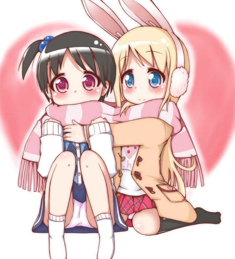 animal_ears, black_hair, blonde_hair, blue_eyes, blush, bunny_ears, child, coat, earmuffs, hachi_(orange), hair_bobbles, hair_ornament, hug, ichigo_mashimaro, itou_chika, kneehighs, long_hair, panties, pantyshot, pantyshot_sitting, rabbit_ears, scarf, shared_scarf, short_hair, side_ponytail, sitting, skirt, socks, underwear