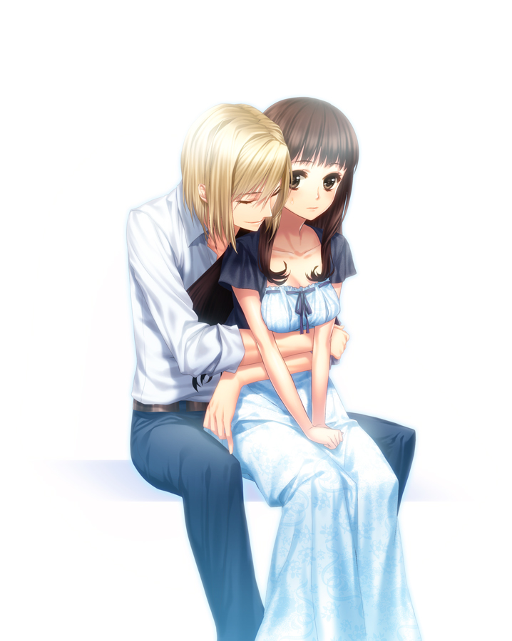 1girl, blonde_hair, brown_eyes, brown_hair, couple, dress, fate/extra, fate_(series)