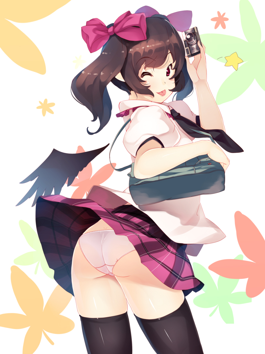 ;p, ass, bag, black_legwear, black_wings, brown_hair, camera, hair_ribbon