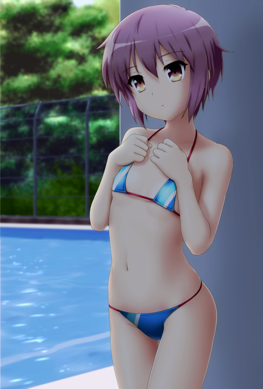 akahige, bare_shoulders, bikini, flat_chest, hands_on_own_chest, highres, nagato_yuki, navel