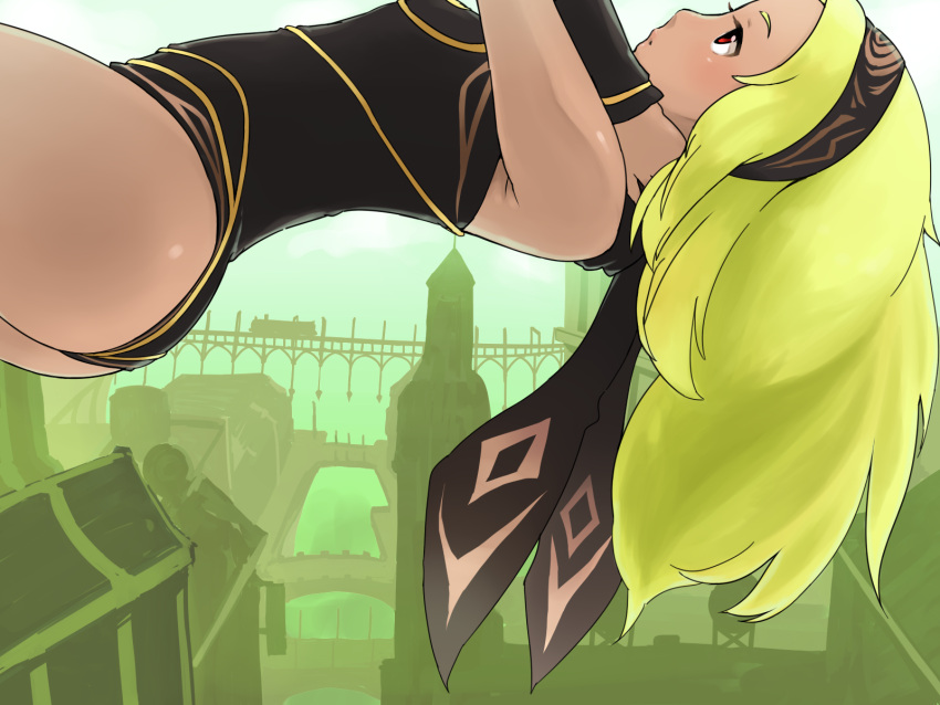 ass, bare_shoulders, blonde_hair, building, dark_skin, detached_sleeves, gravity_daze, hairband