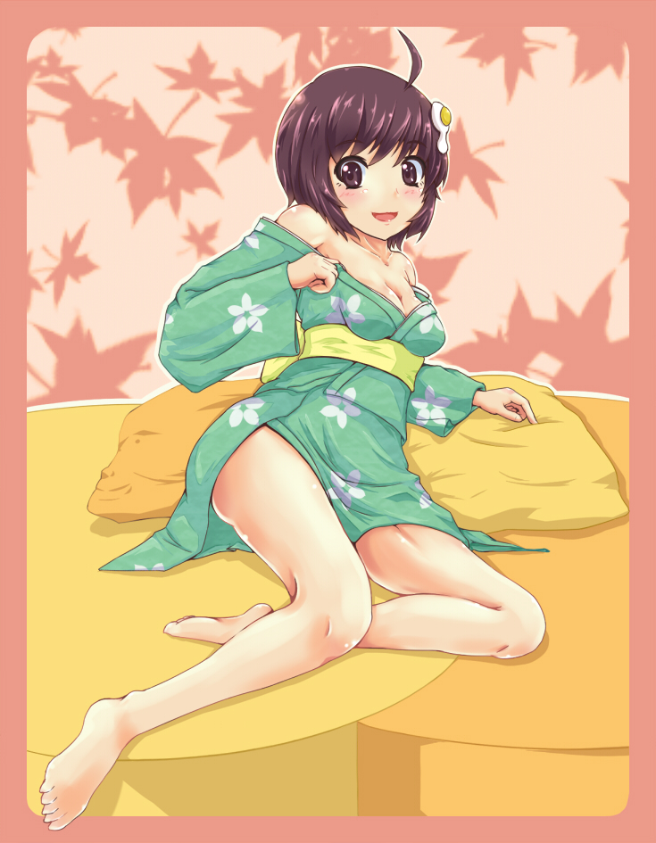 araragi_tsukihi, banana_(hirane1988), bare_shoulders, barefoot, black_hair, blush, breasts, cleavage