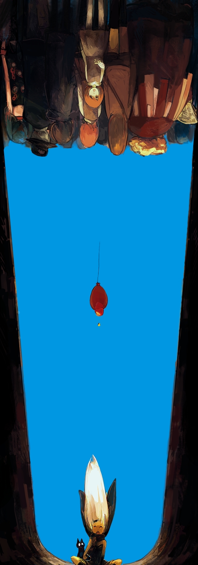 ?????, apple, balloon, bare_shoulders, black_cat, blonde_hair, blue_sky, cat, crowd, dark_skin, dusty_(gravity_daze), food, fruit, gravity_daze, hairband, highres, indian_style, kitten_(gravity_daze), leotard, long_hair, looking_up, multiple_girls, open_mouth, red_eyes, red_hair, redhead, rotated, scarf, sitting, sky, upside-down, very_long_hair, x_(05cd027b), ã§â¹âã¯â½â»ã§â¹âã¯â½â»ã§â¹âã¯â½â»ã£æ’â»ã¥â‚¬â¥ã£æ’â»