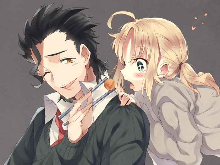 1girl, ahoge, black_hair, blonde_hair, casual, chopsticks, drooling, fate/zero