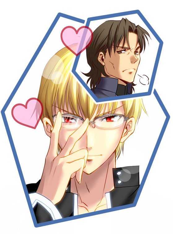 adjusting_glasses, bespectacled, blonde_hair, brown_eyes, brown_hair, fate/stay_night, fate_(series), gilgamesh, glasses, heart, iko_(keitan), kotomine_kirei, male, multiple_boys, red_eyes