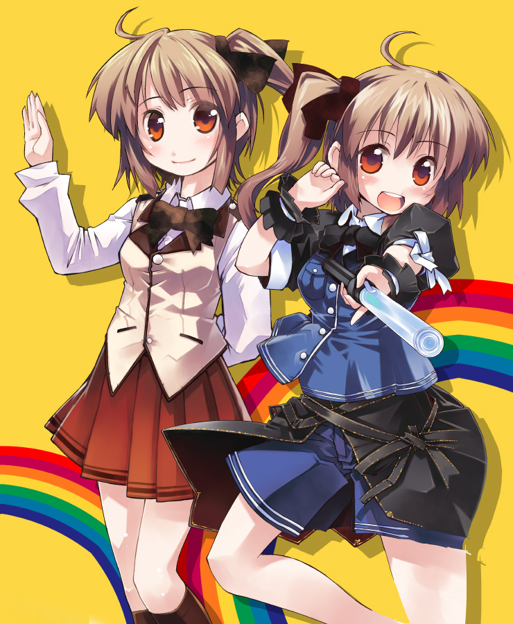 bow, brown_eyes, brown_hair, chiba_(city), magical_cannon_wars, matsudo_(chiba), matsumiya_aya, multiple_girls, nanaroku_(fortress76), open_mouth, original, ponytail, rainbow, school_uniform, shorts, side_ponytail, skirt, smile, wrist_cuffs