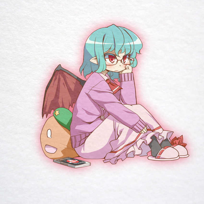 ahiruaoba, bat_wings, bespectacled, black_legwear, blue_hair, cardigan, dress, dvd_case