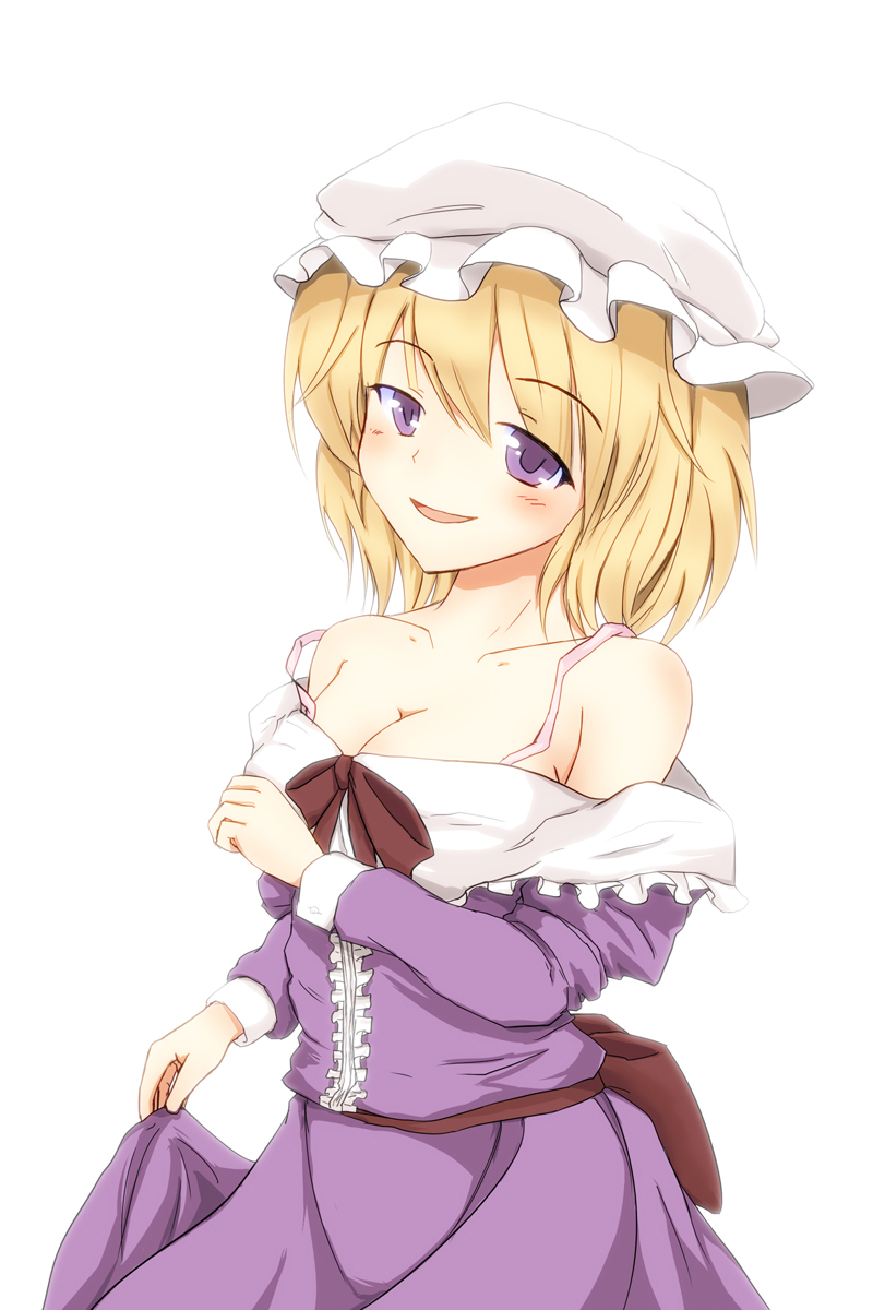 blonde_hair, bra, breasts, cleavage, dress, gamachi, hat, highres, maribel_hearn, off_shoulder, open_mouth, pink_bra, purple_dress, purple_eyes, smile, solo, strap_slip, touhou, underwear, violet_eyes