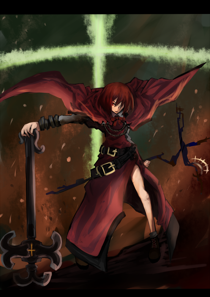 cape, cross, dress, glowing, glowing_eyes, okazaki_yumemi, red_eyes, red_hair