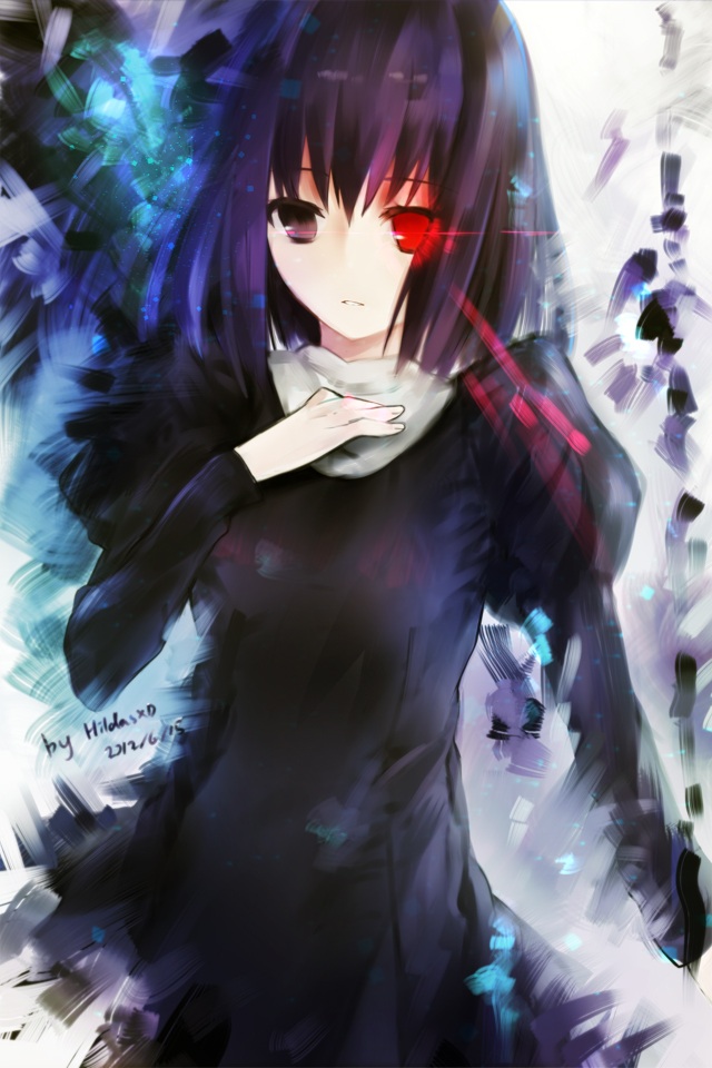 black_eyes, black_hair, dress, glowing, glowing_eye, hildasxd, kuonji_alice, mahou_tsukai_no_yoru