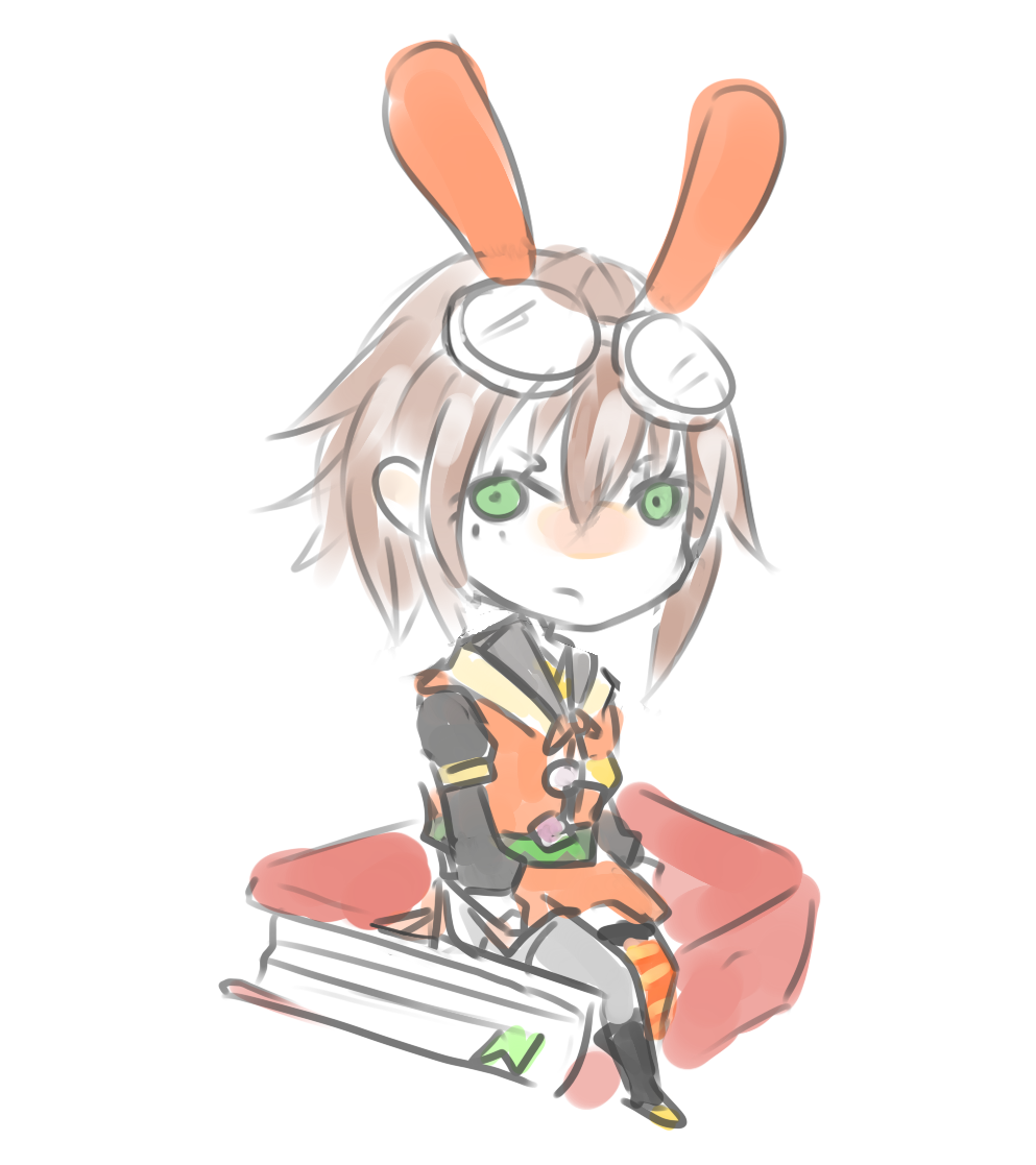 1girl, animal_ears, asymmetrical_legwear, brown_hair, bunny_ears, chibi, chibibro, giant_book